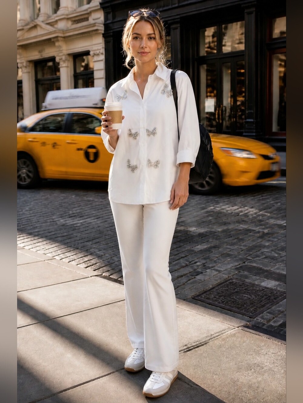 White Button-Up Shirt with Sparkling Butterfly Appliqués